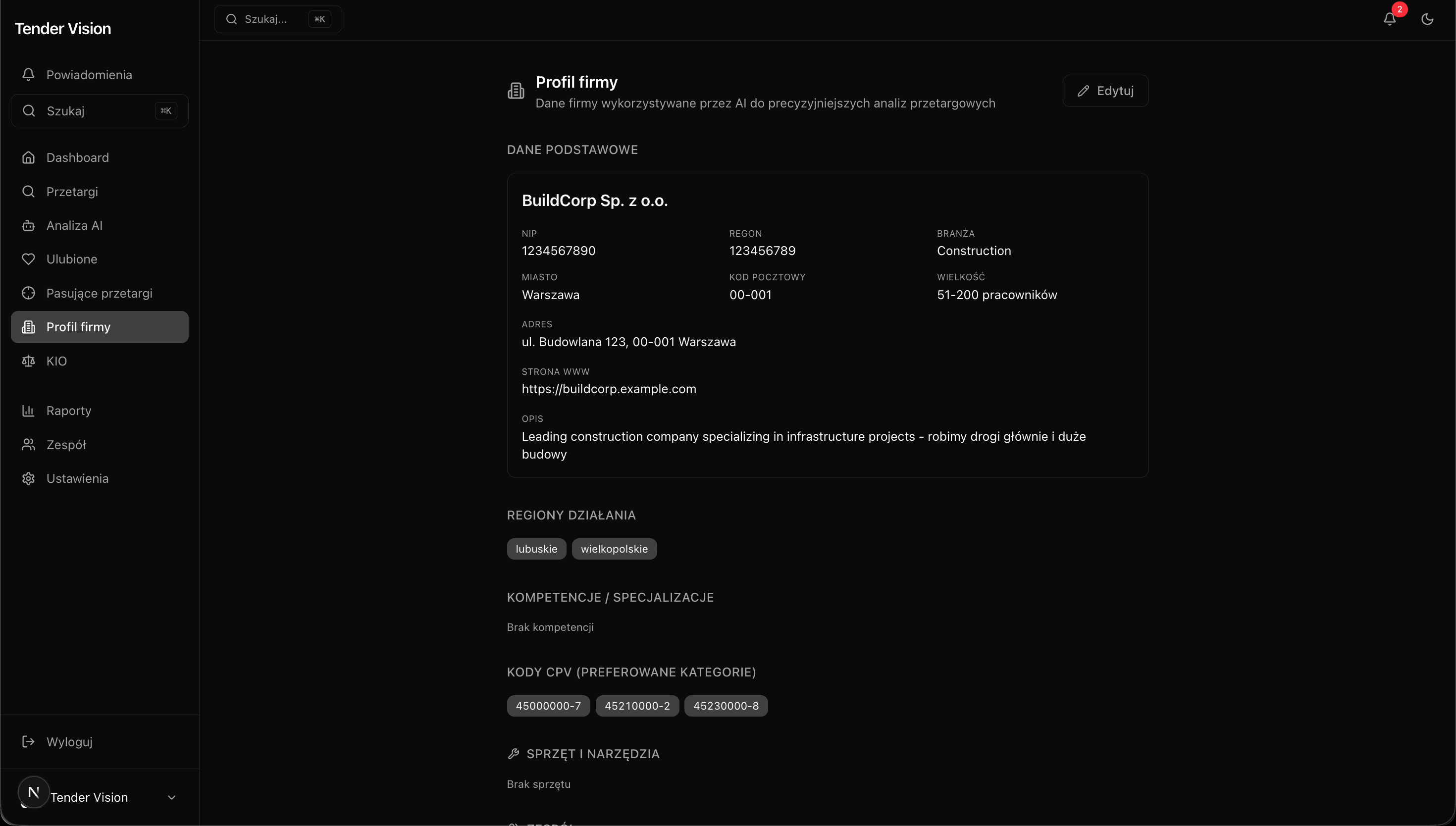 Profil firmy — CPV, kompetencje, sprzęt, zespół