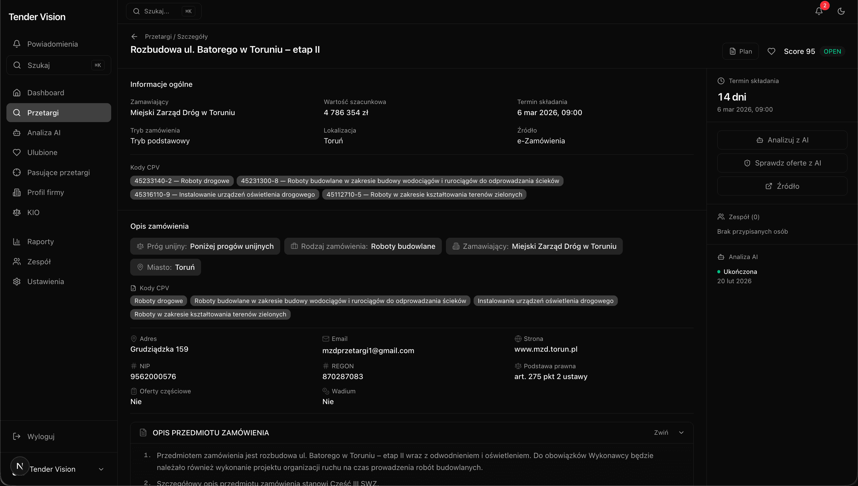 Szczegóły przetargu — pełne informacje, dokumenty, akcje AI