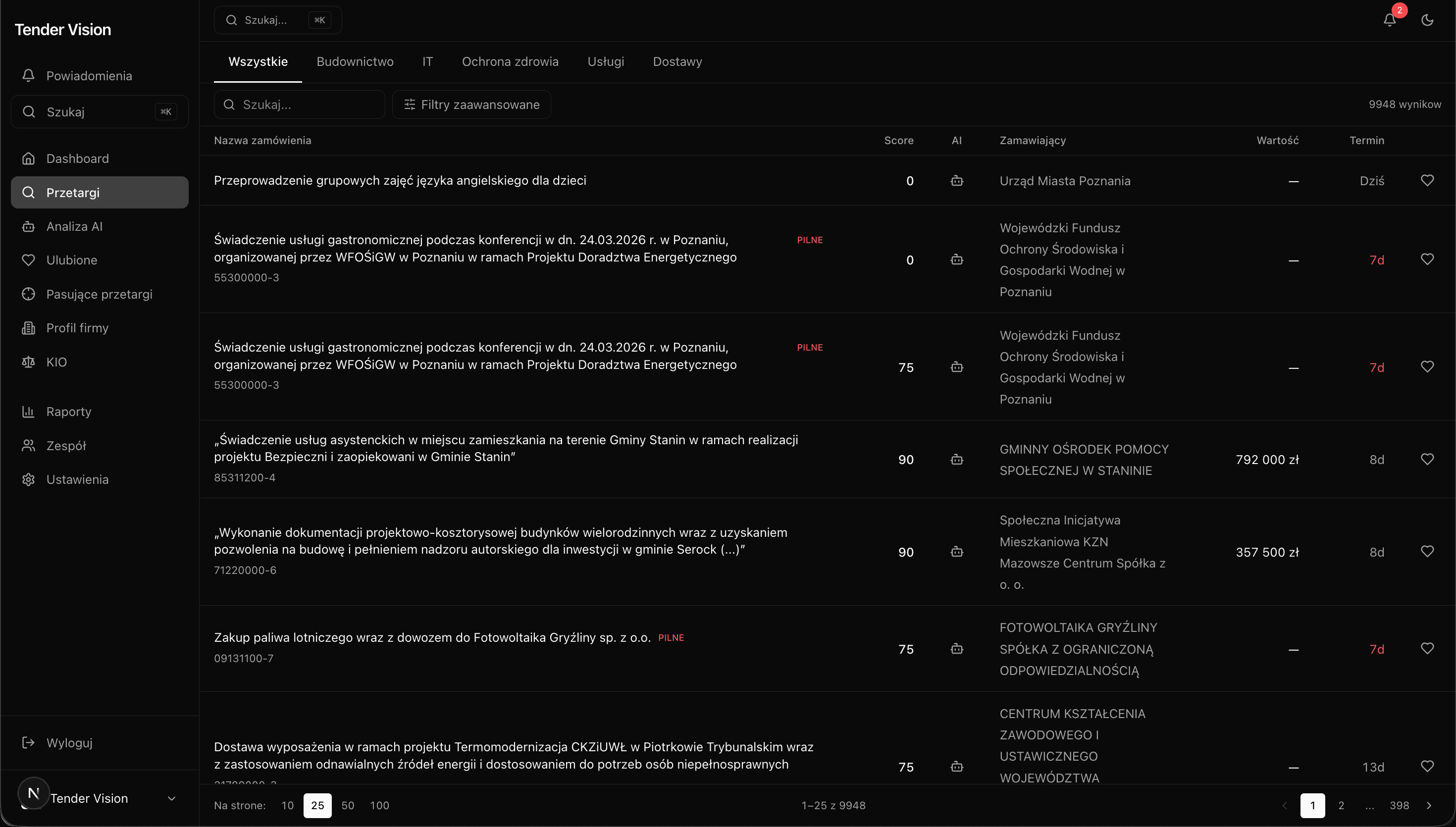 Tender Vision — lista przetargów z AI scoringiem
